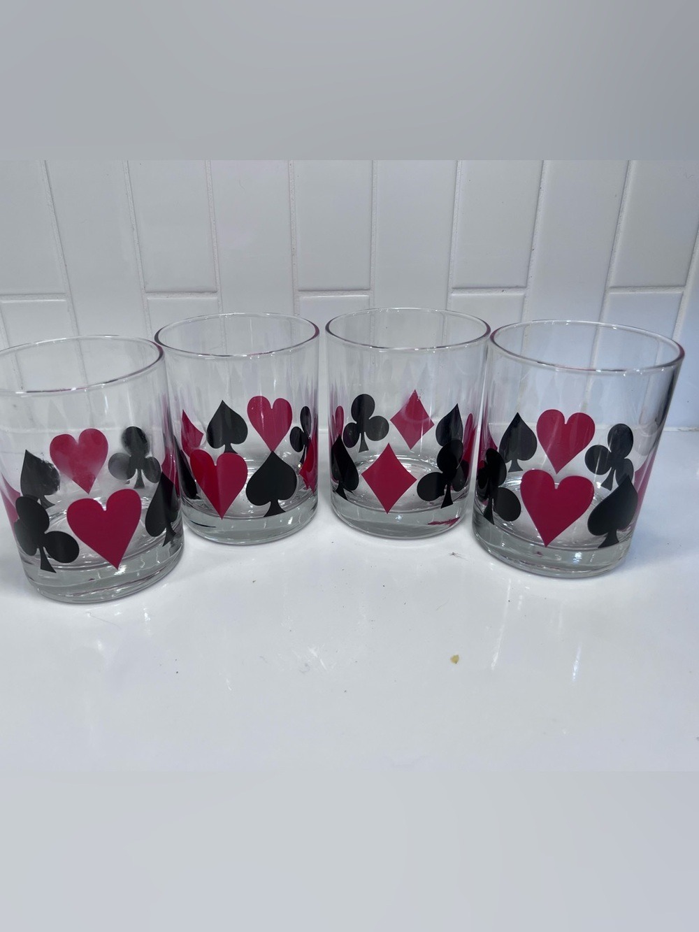 Vintage Barware MCM Cocktail Rock Glasses Card Playing Card Spade Club Etc